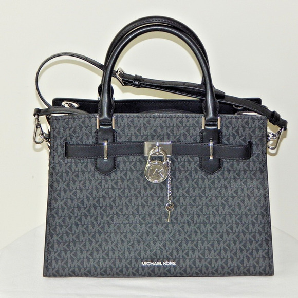 MICHAEL KORS HAMILTON Signature MK Logo Medium Black Satchel Shoulder Bag NWT - Picture 2 of 14